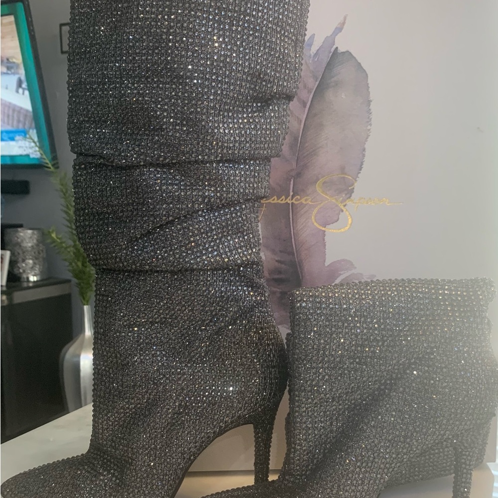 Amazing Jessica Simpson Pewter glitter knee high fashion boots